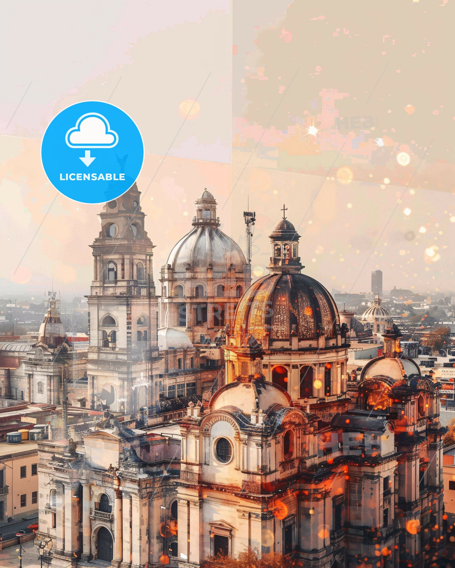 Nuevo Laredo City Lightscape Poster - A large building with domes and a bird's head