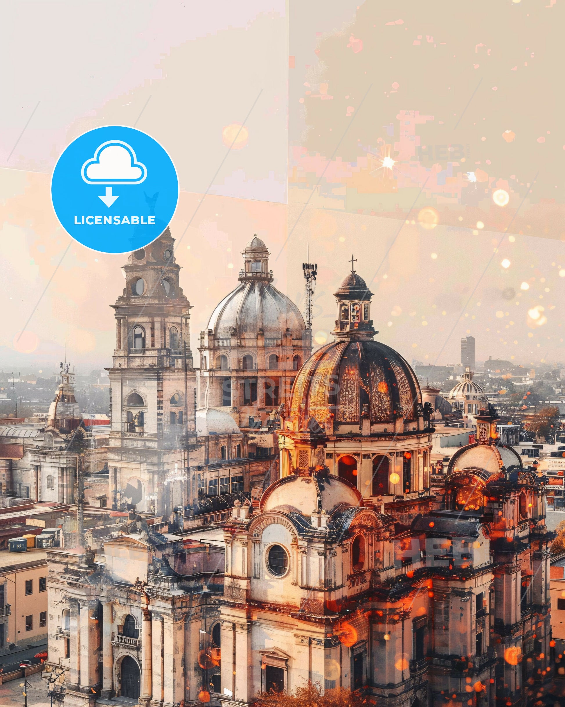 Nuevo Laredo City Lightscape Poster - A large building with domes and a bird's head