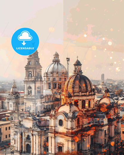 Nuevo Laredo City Lightscape Poster - A large building with domes and a bird's head