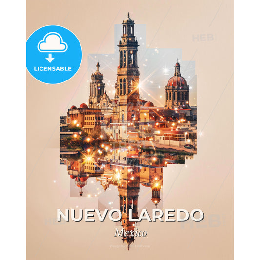 Nuevo Laredo City Skyline Artwork with Local Flair - A building with a tower and a reflection of lights - Square format print template