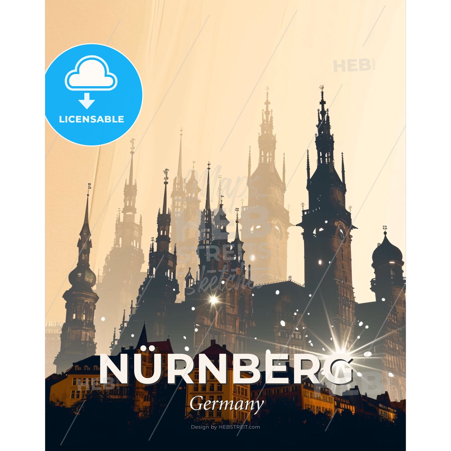Nurnberg Skyline Composite Art Poster - A city with towers and towers - Square format print template