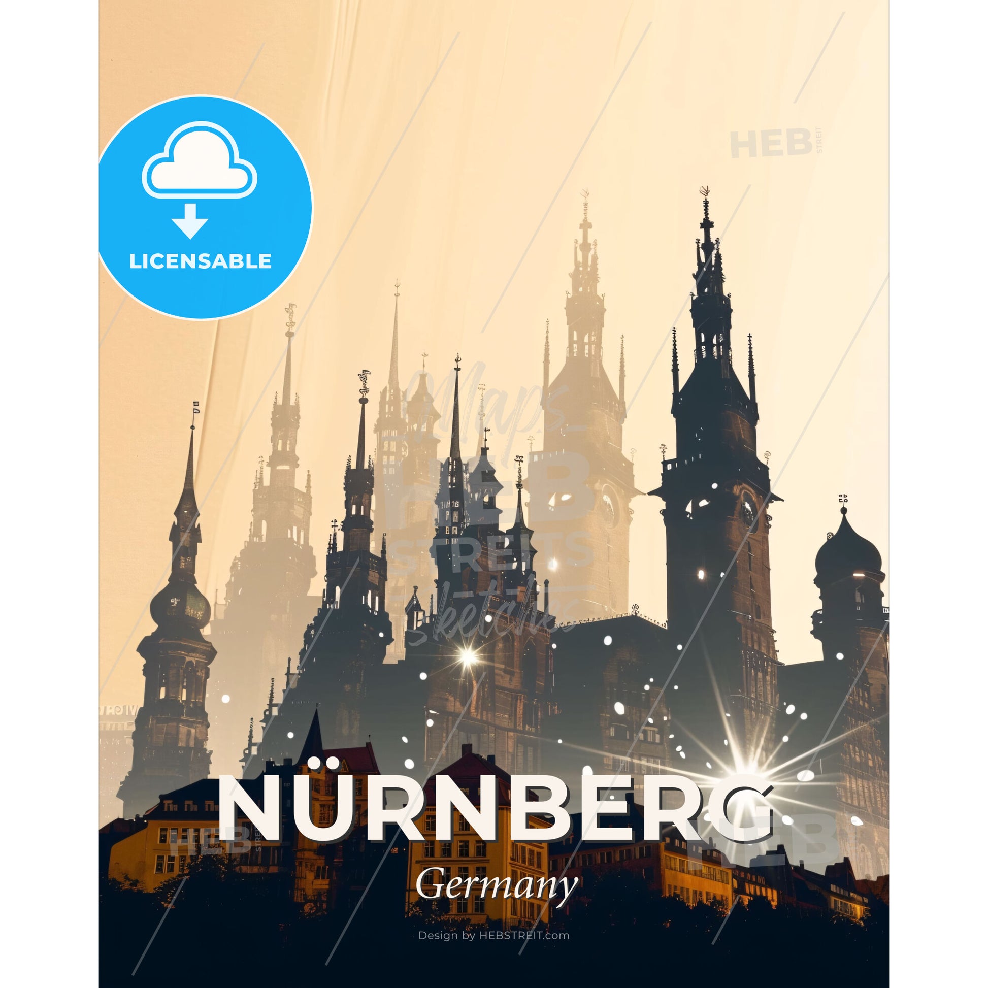 Nurnberg Skyline Composite Art Poster - A city with towers and towers - Square format print template