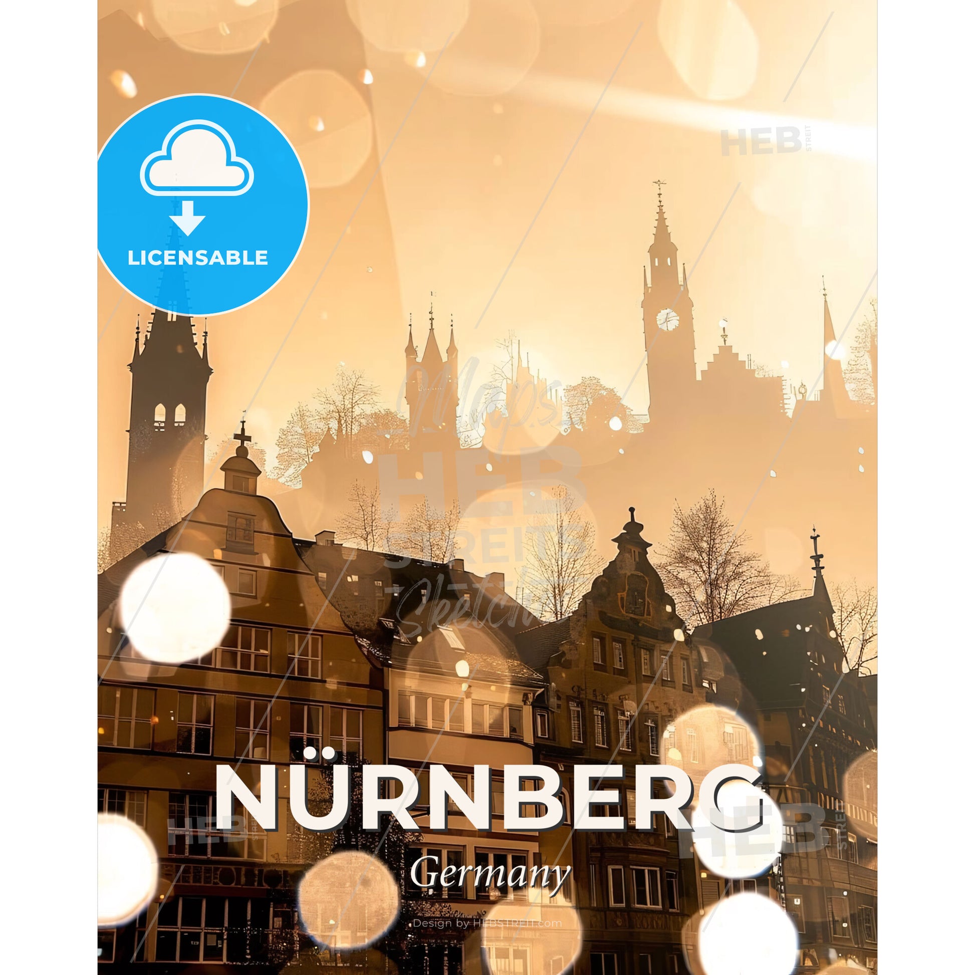 Nuremberg: Skyline Silhouette Art with Glimmer - A group of buildings with a sun shining through them - Square format print template