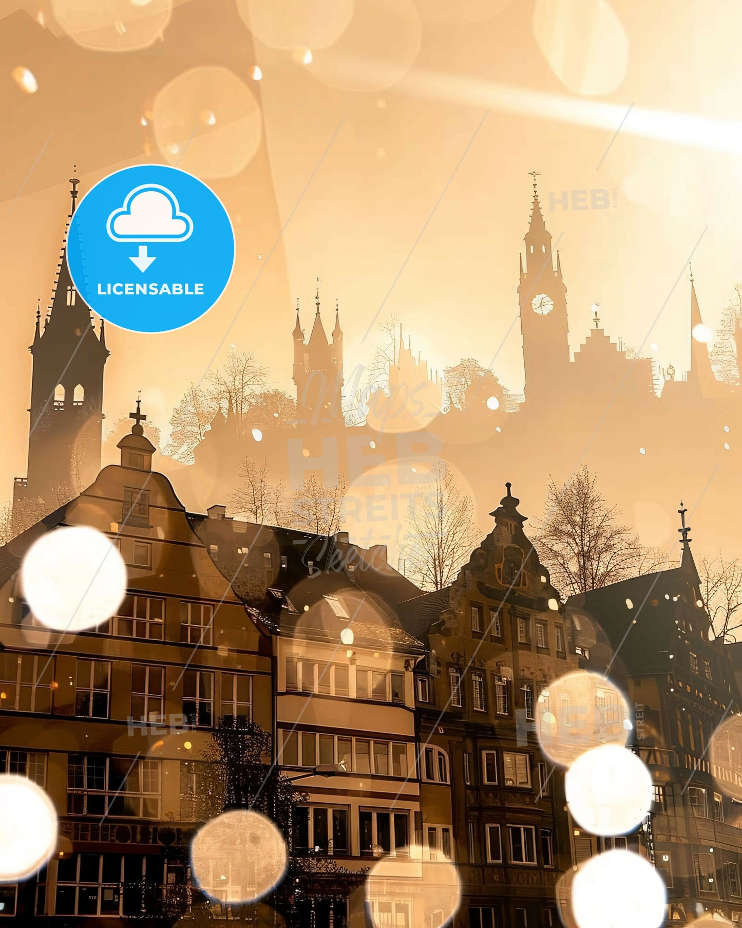 Nuremberg: Skyline Silhouette Art with Glimmer - A group of buildings with a sun shining through them