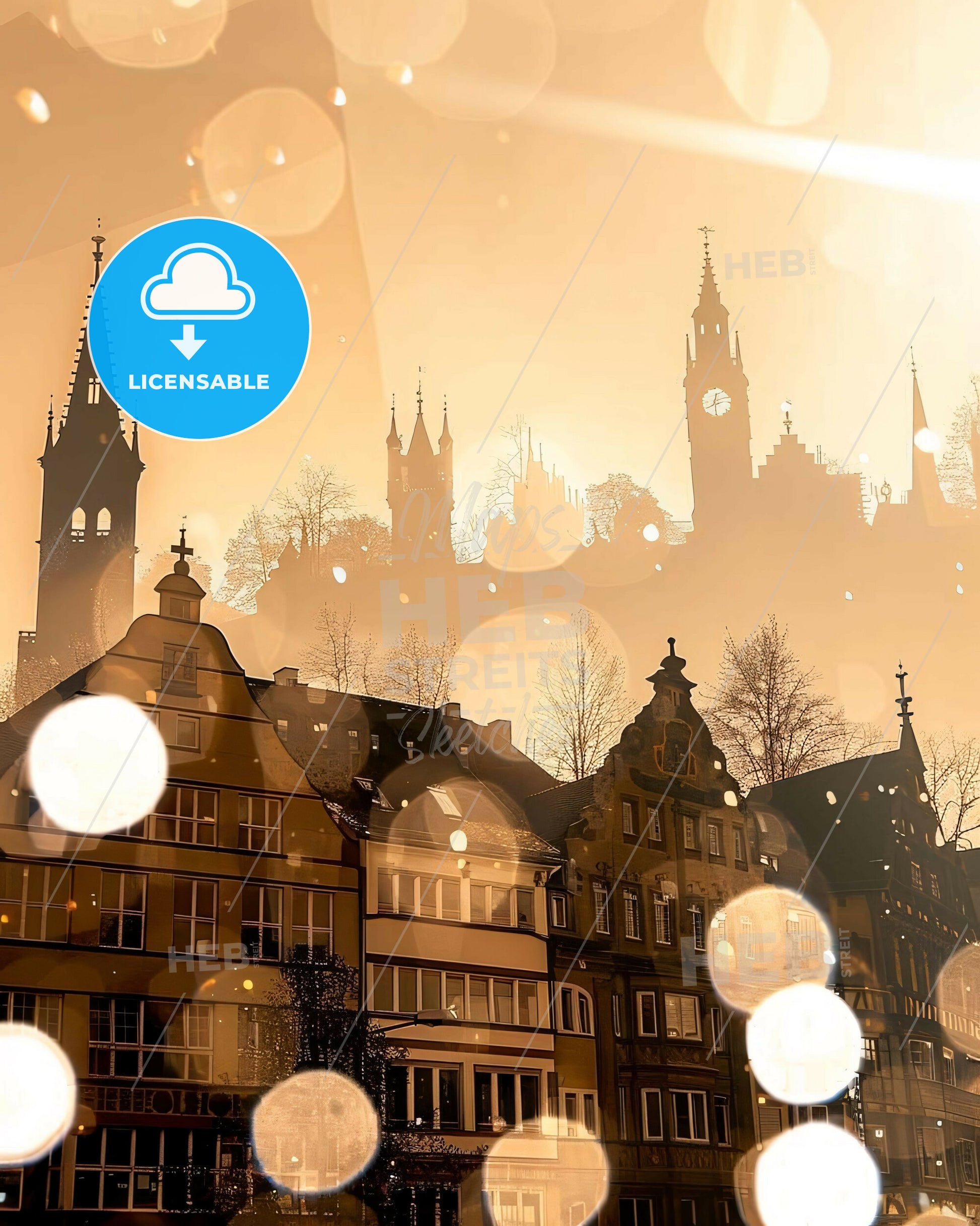 Nuremberg: Skyline Silhouette Art with Glimmer - A group of buildings with a sun shining through them