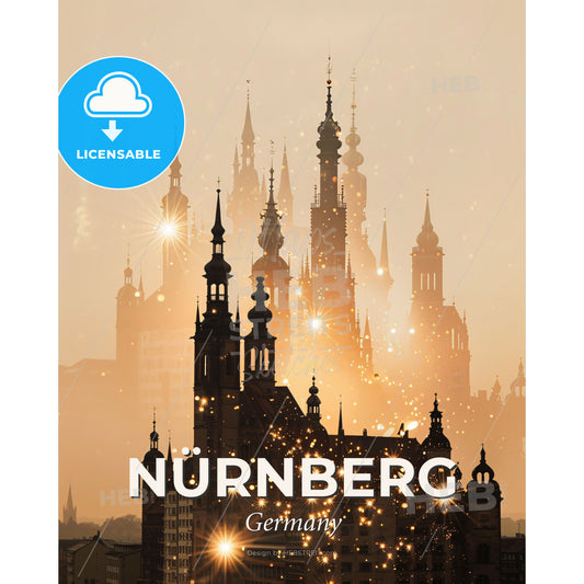 Nuremberg City Lights Skyline Panorama Wall Decor - Salt Lake Temple with towers and spires and fireworks - Square format print template