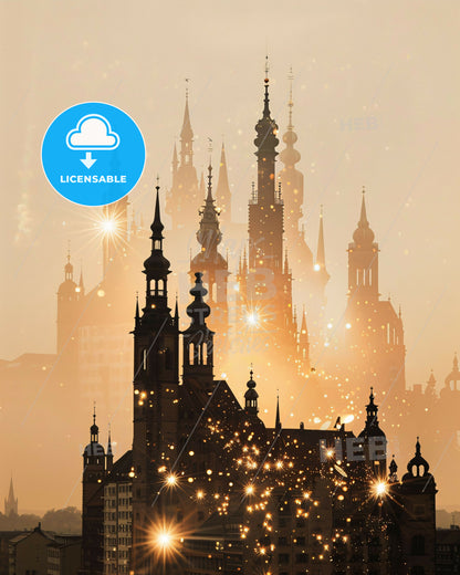 Nuremberg City Lights Skyline Panorama Wall Decor - Salt Lake Temple with towers and spires and fireworks