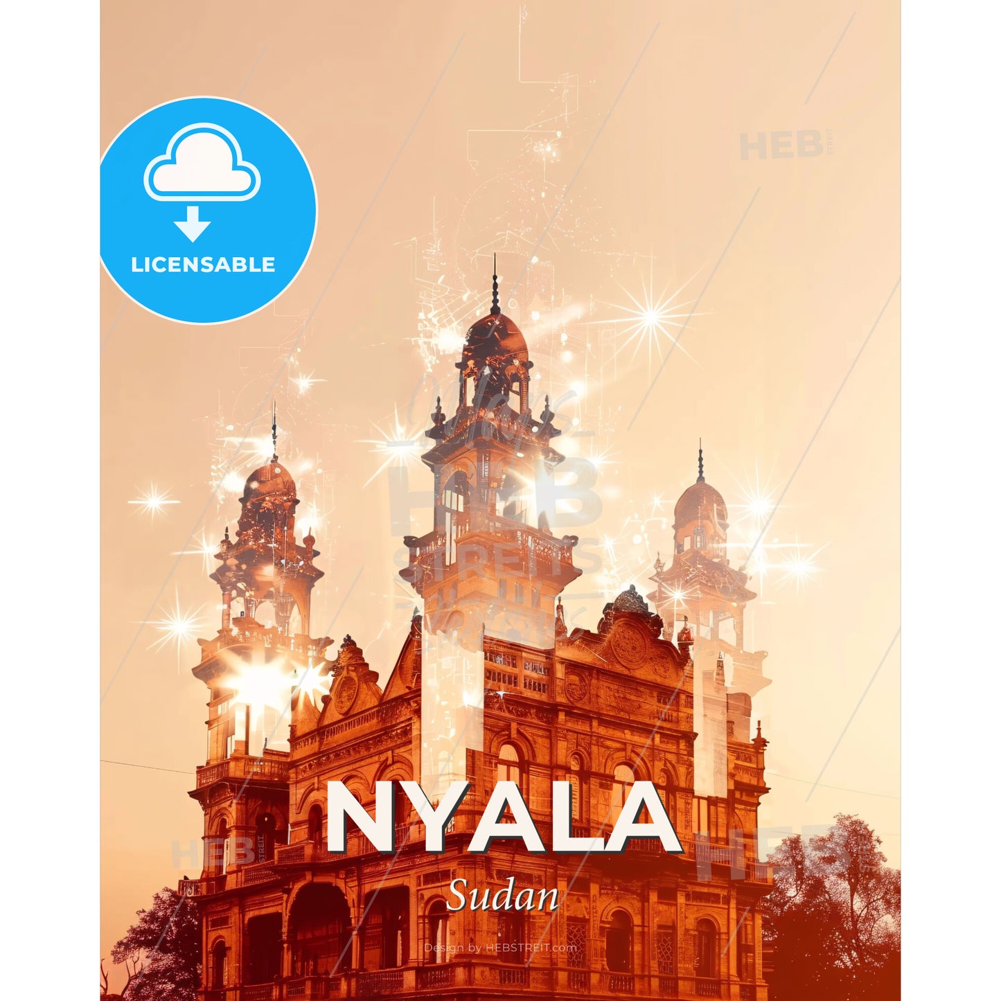 Nyala Architecture City Lights Poster - A building with many towers and lights - Square format print template