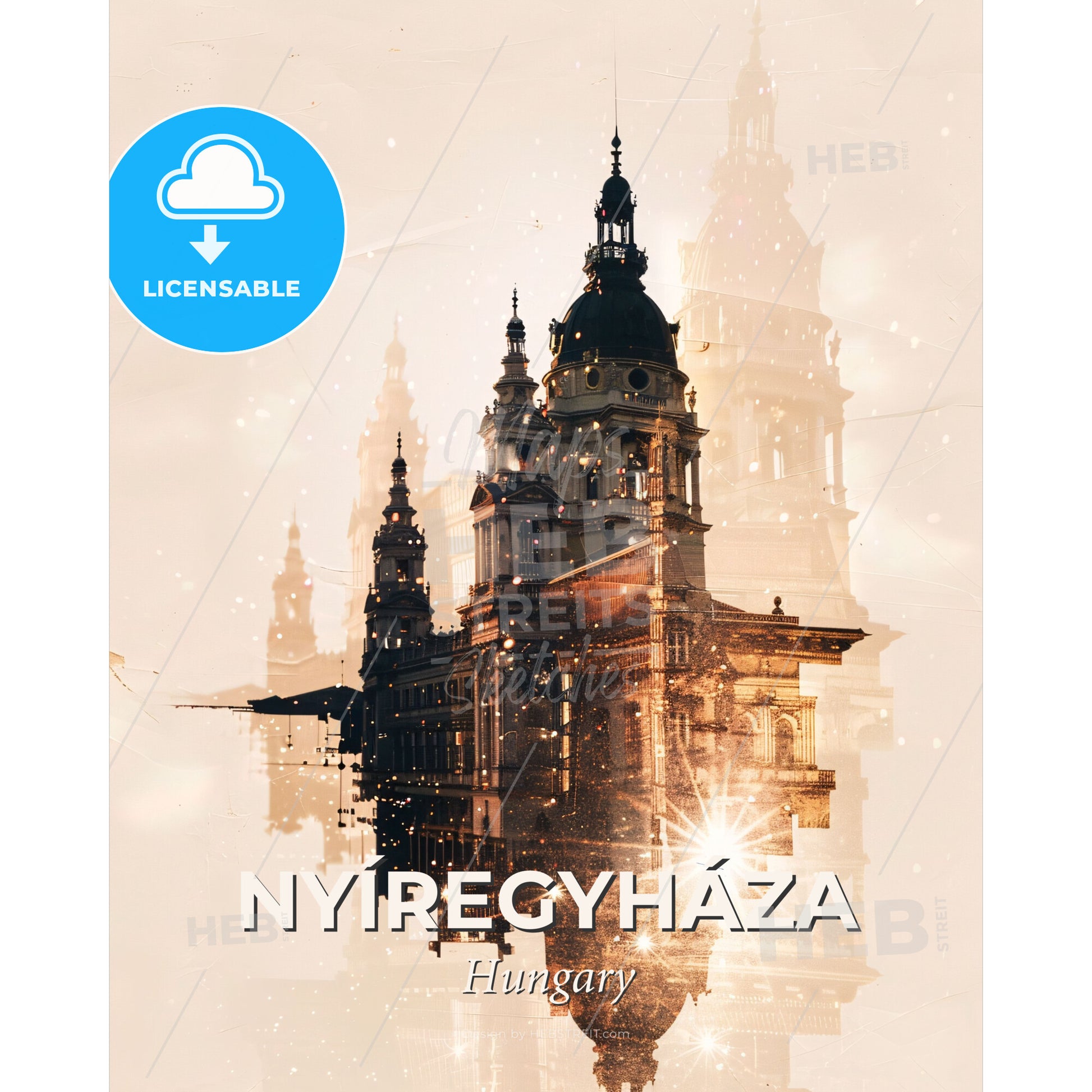 Nyíregyháza City Skyline Double Exposure Poster - A double exposure of a building - Square format print template