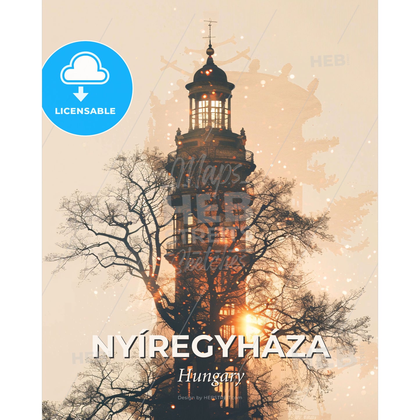 Nyiregyhaza Hungary City Skyline Double Exposure with Sparks - A light house with a tree - Square format print template