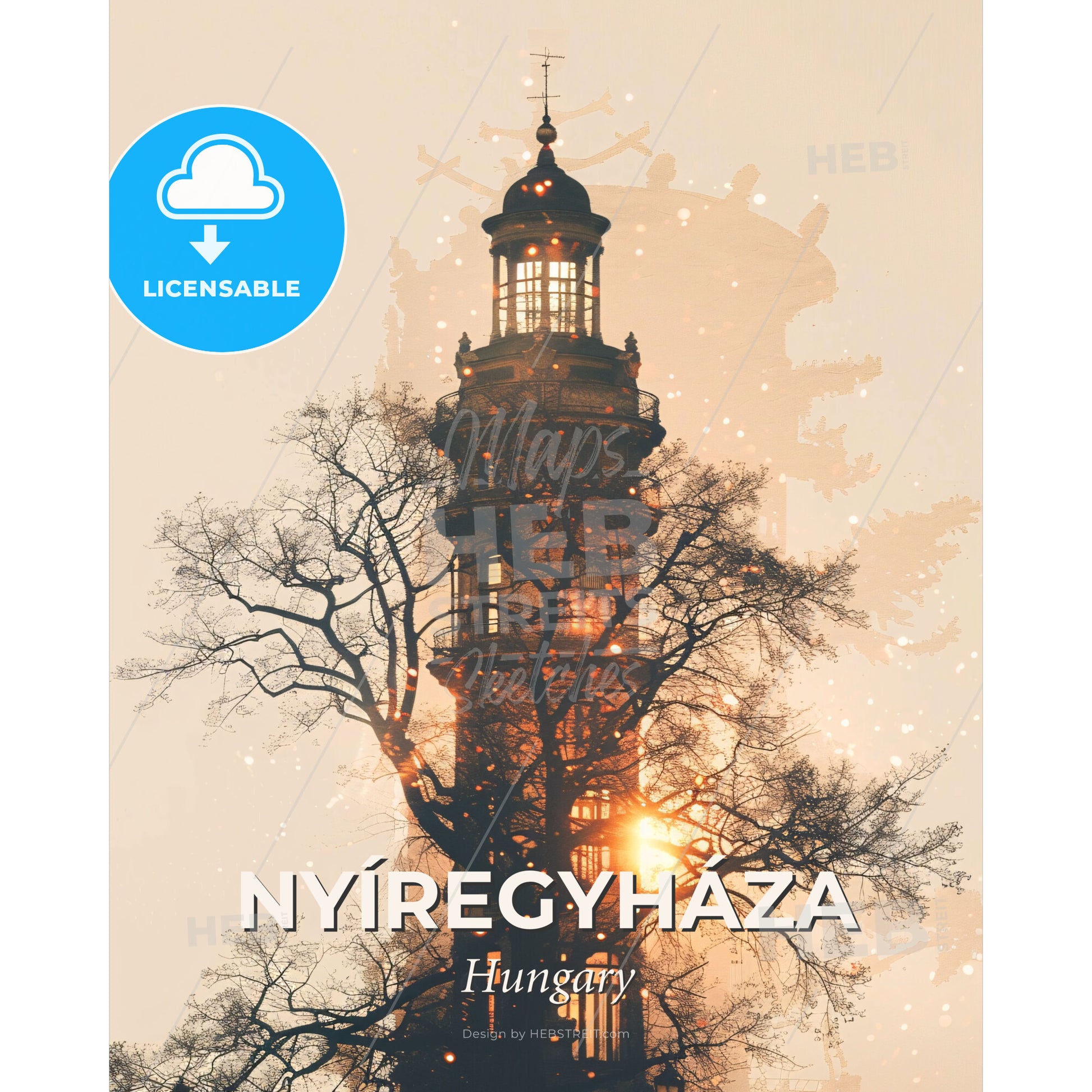 Nyiregyhaza Hungary City Skyline Double Exposure with Sparks - A light house with a tree - Square format print template