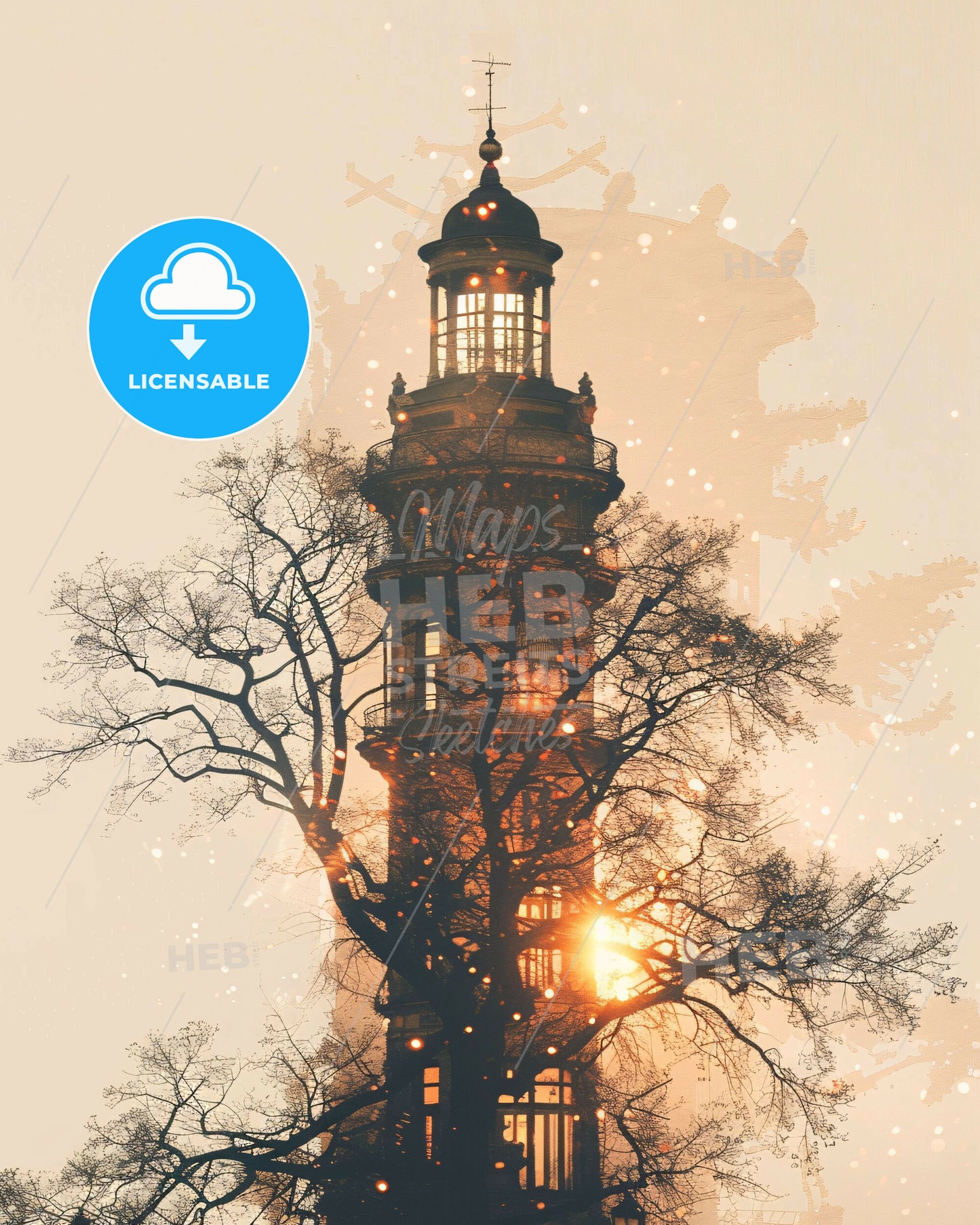 Nyiregyhaza Hungary City Skyline Double Exposure with Sparks - A light house with a tree