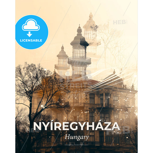 Nyíregyháza Skyline Bright Beige Poster - A building with a balcony and trees - Square format print template