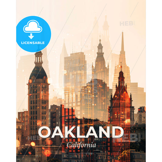 Oakland City Skyline Composite Art Poster - A city skyline with many tall buildings - Square format print template