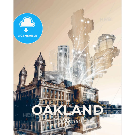 Oakland's Skyline Composite Art Poster - A building with a large building in the middle of the water - Square format print template