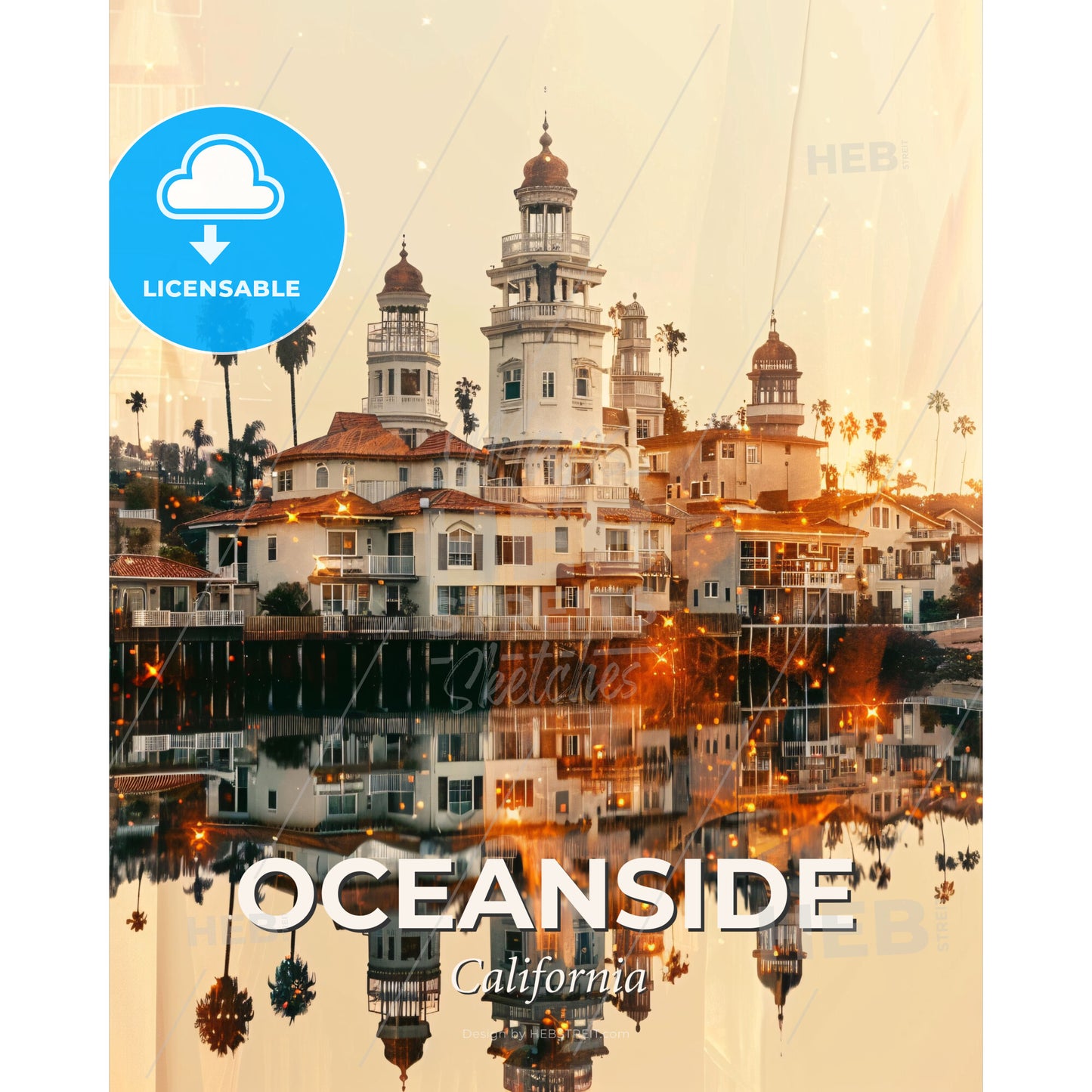 Oceanside City Skyline Double Exposure Poster Art - A building next to a body of water - Square format print template