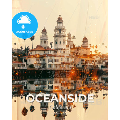 Oceanside City Skyline Double Exposure Poster Art - A building next to a body of water - Square format print template