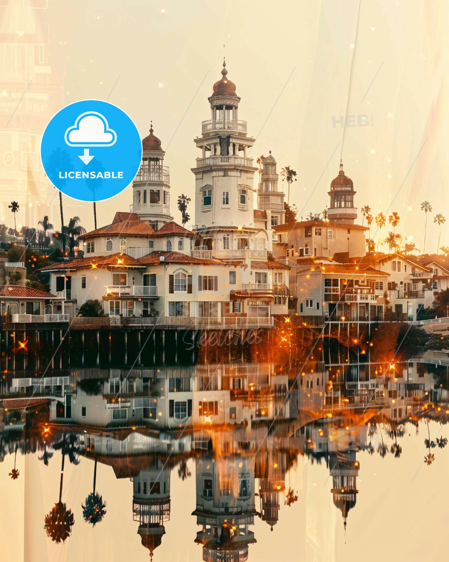 Oceanside City Skyline Double Exposure Poster Art - A building next to a body of water