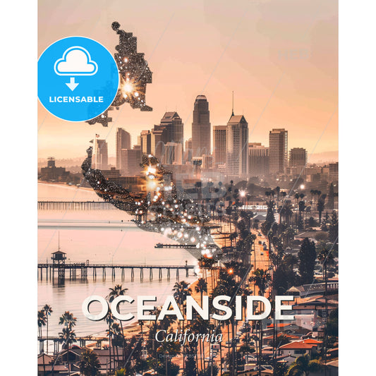 Oceanside Skyline Composite Poster Art - A city with a pier and a bridge - Square format print template