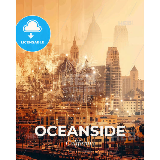 Oceanside City Skyline Double Exposure Composite Art - A city with many buildings - Square format print template