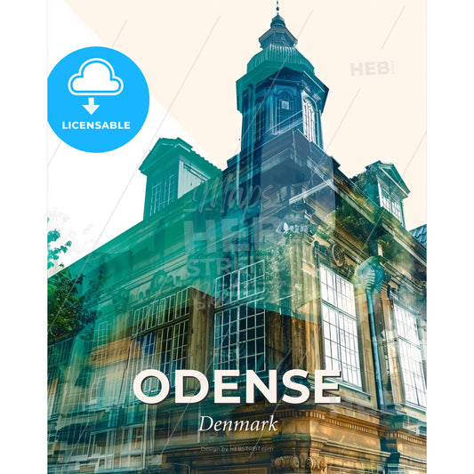 Odense Double Exposure City Skyline Poster Art - A building with a tower - Square format print template