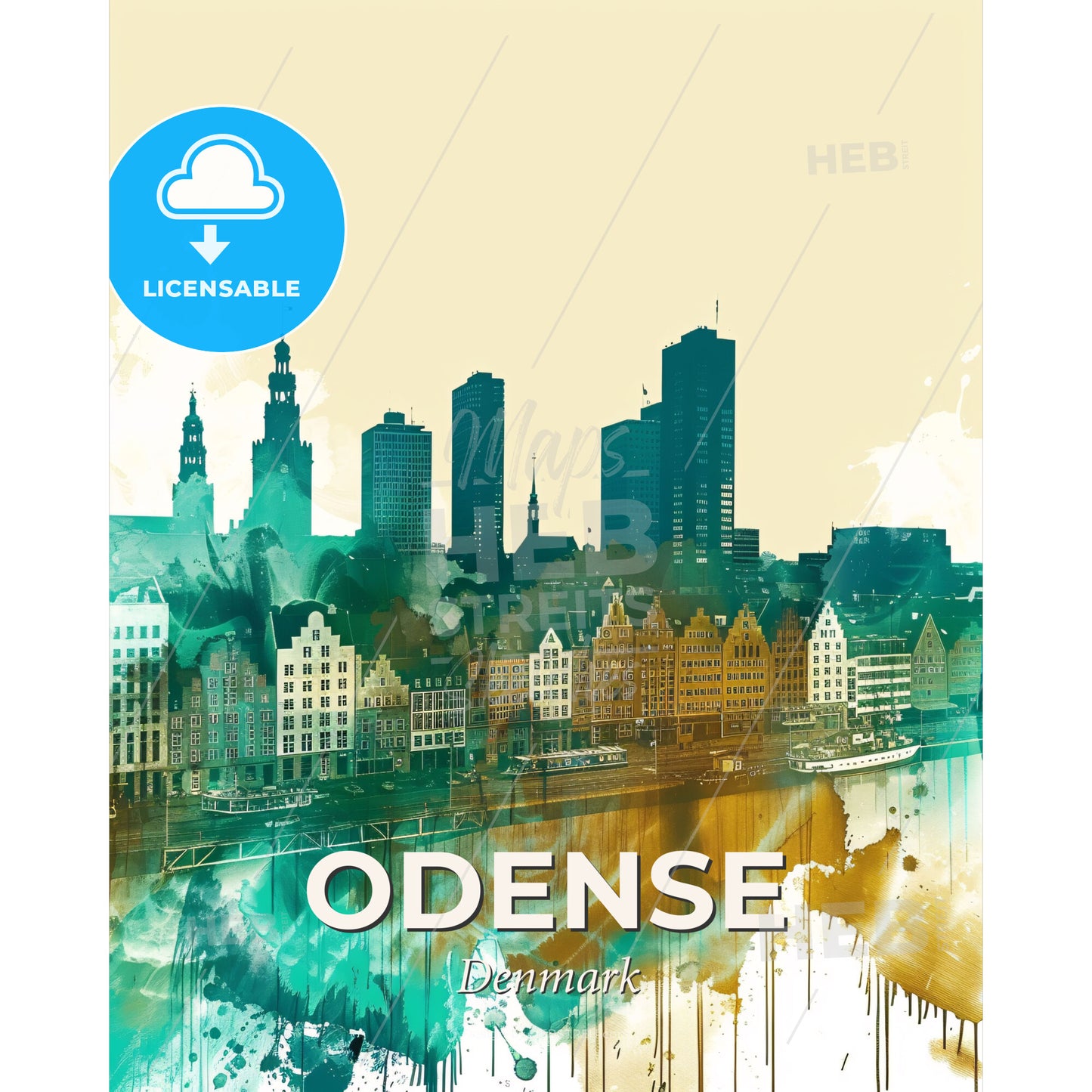 Odense Skyline Double Exposure Silhouettes Bright Pop Art - A city with many buildings - Square format print template