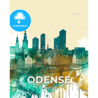 Odense Skyline Double Exposure Silhouettes Bright Pop Art - A city with many buildings - Square format print template