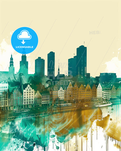 Odense Skyline Double Exposure Silhouettes Bright Pop Art - A city with many buildings