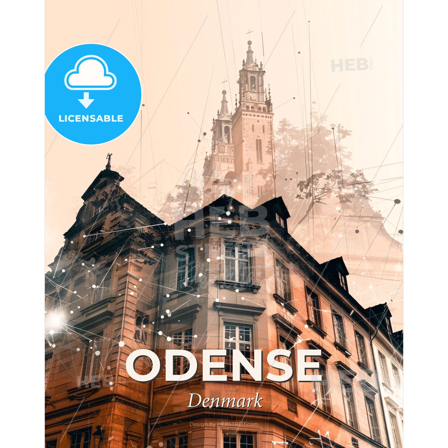 Odense City Denmark Skyline Silhouette Art Print Poster - A building with a tower - Square format print template