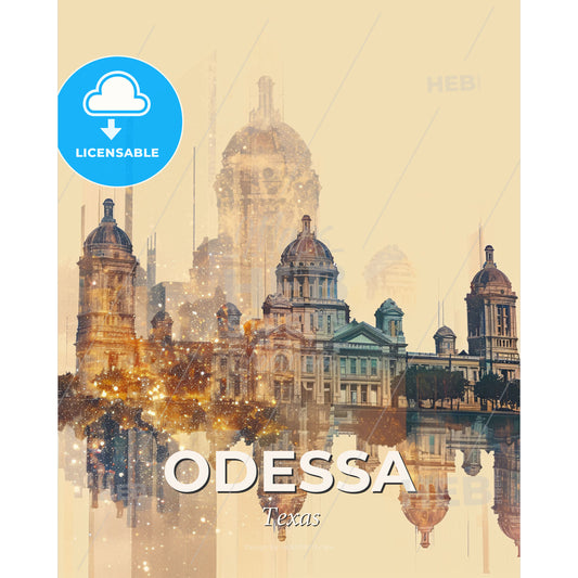 Odessa Skyline Composite Art Local Icons Poster - A city skyline with a reflection of a building - Square format print template