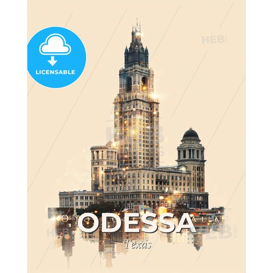 Odessa, Texas Cityscape Art Print - A large building with a tower - Square format print template
