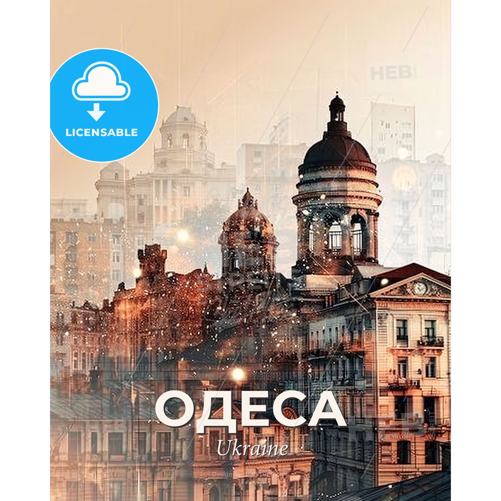 Odessa, Ukraine: Skyline Extravaganza on Beige - A city with many buildings - Square format print template