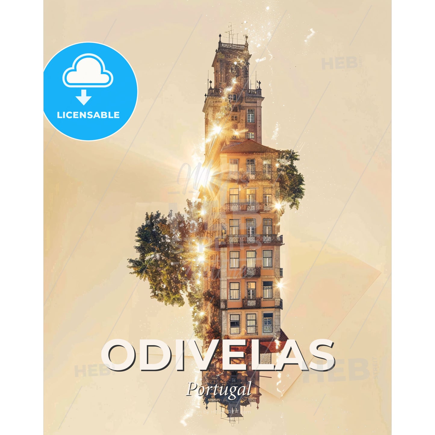 Odivelas Skyline Modern Architecture Panorama Cityscape Print - A building with a tower and trees - Square format print template
