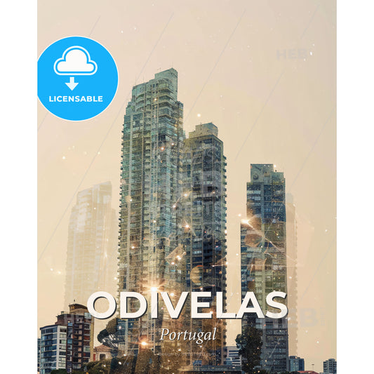 Odivelas Skyline Double Exposure Art Print - A city skyline with many tall buildings - Square format print template