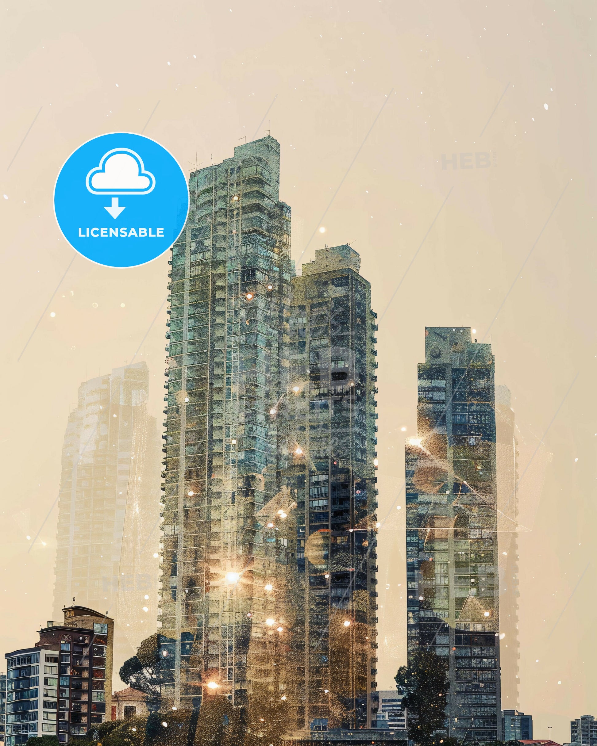 Odivelas Skyline Double Exposure Art Print - A city skyline with many tall buildings