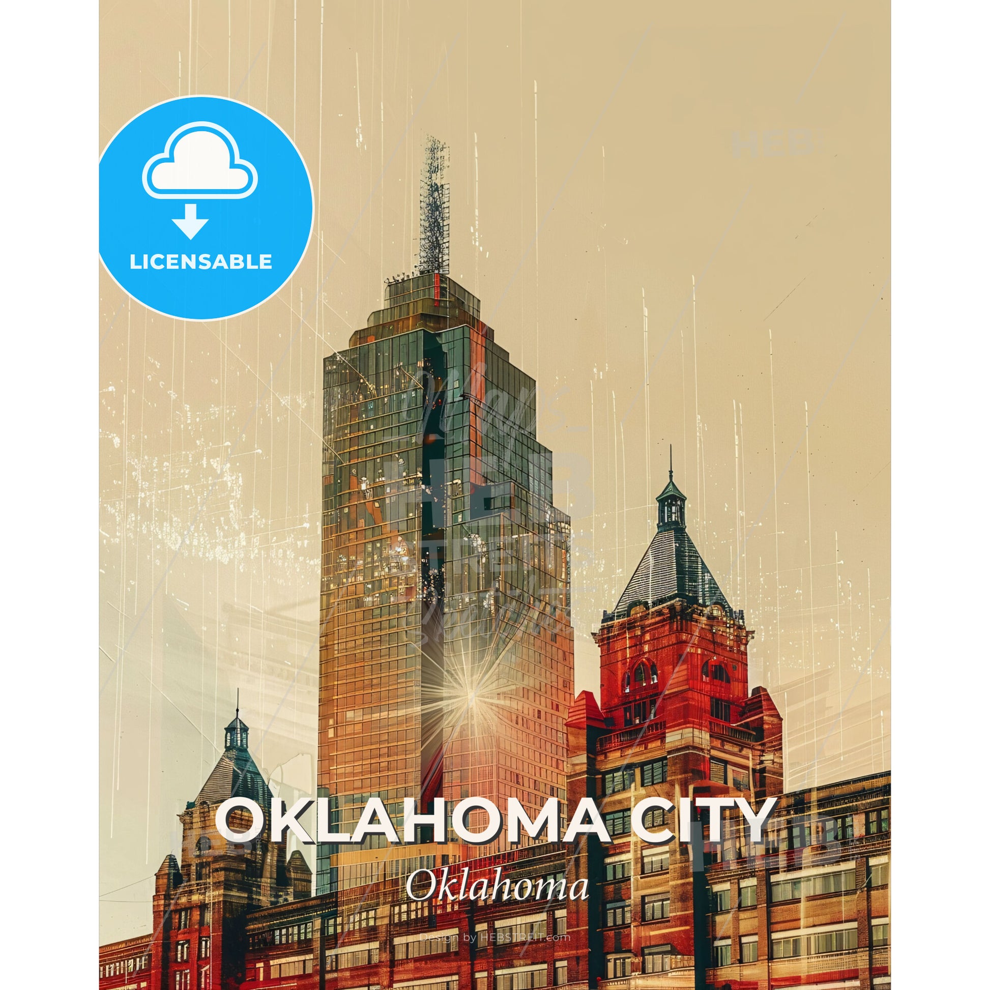 Oklahoma City: Local Art Glow Panorama - A city skyline with a skyscraper - Square format print template