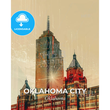 Oklahoma City: Local Art Glow Panorama - A city skyline with a skyscraper - Square format print template