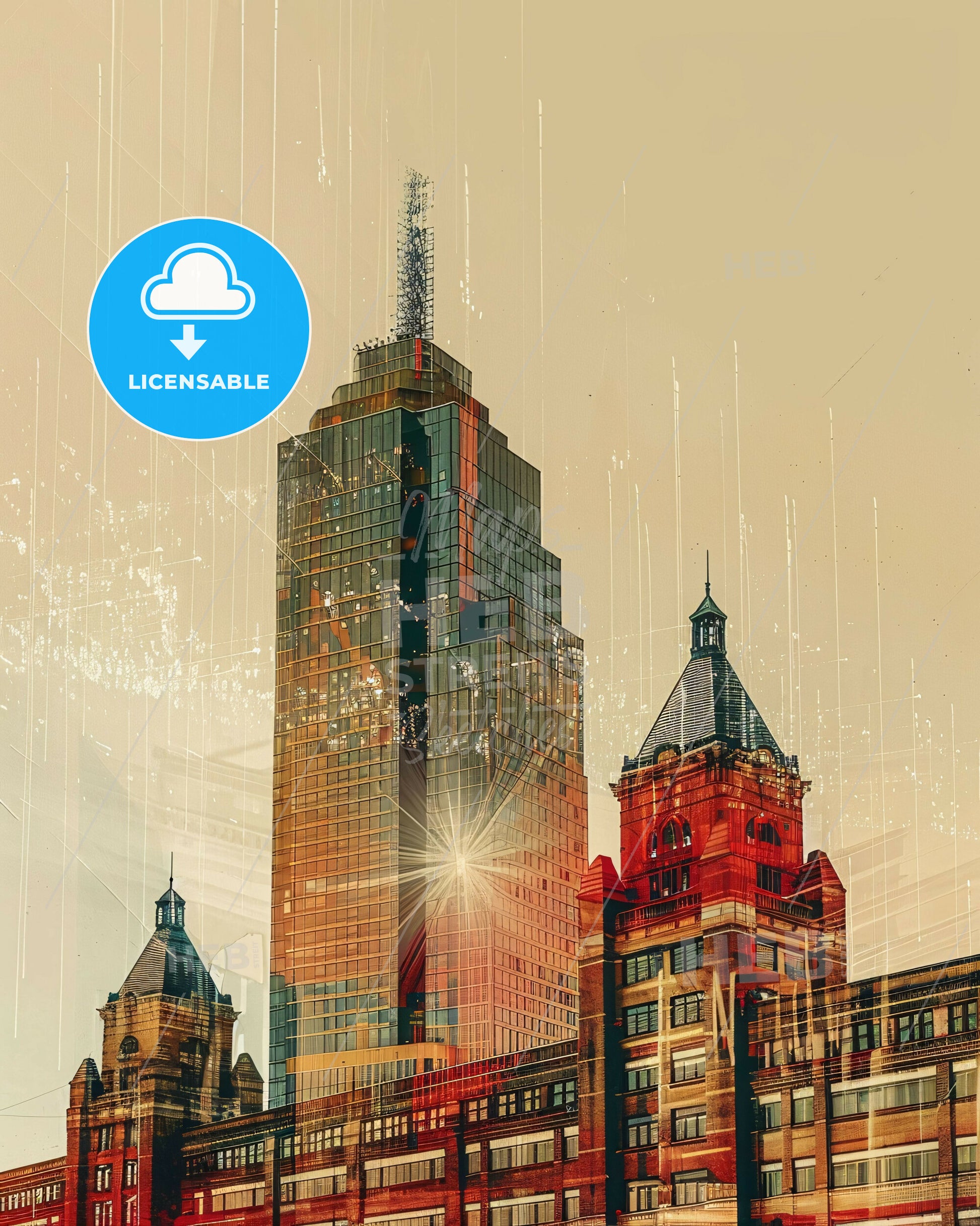 Oklahoma City: Local Art Glow Panorama - A city skyline with a skyscraper