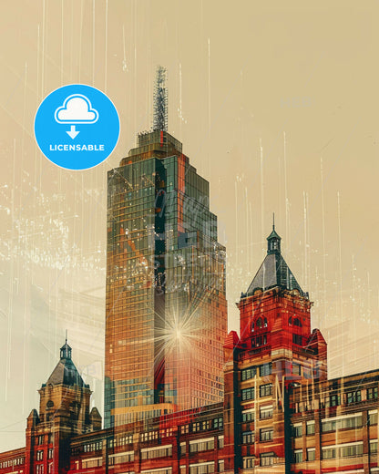 Oklahoma City: Local Art Glow Panorama - A city skyline with a skyscraper