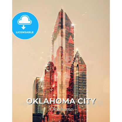 Oklahoma City: City Icons in a Double Exposure - A tall building with a triangular top - Square format print template