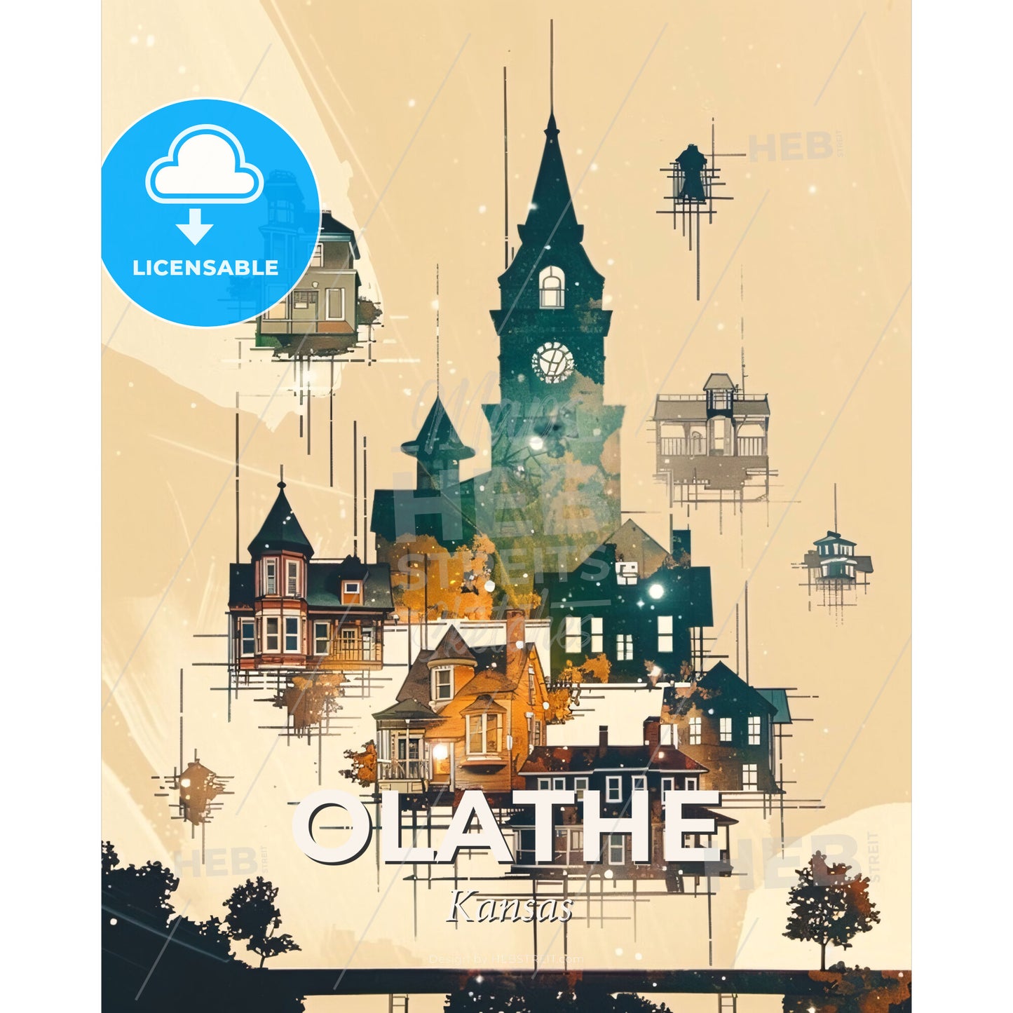 Olathe, Kansas Skyline Art: Sparkles and City Icons - A group of houses with a clock tower - Square format print template