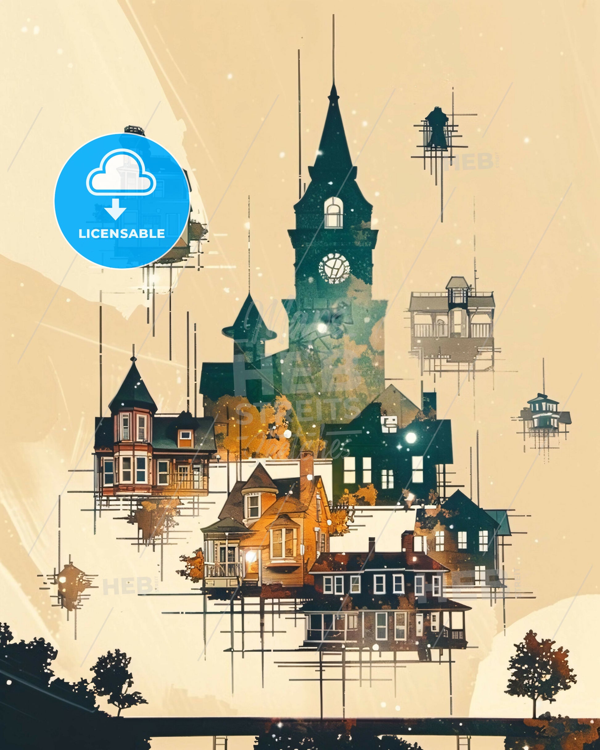 Olathe, Kansas Skyline Art: Sparkles and City Icons - A group of houses with a clock tower