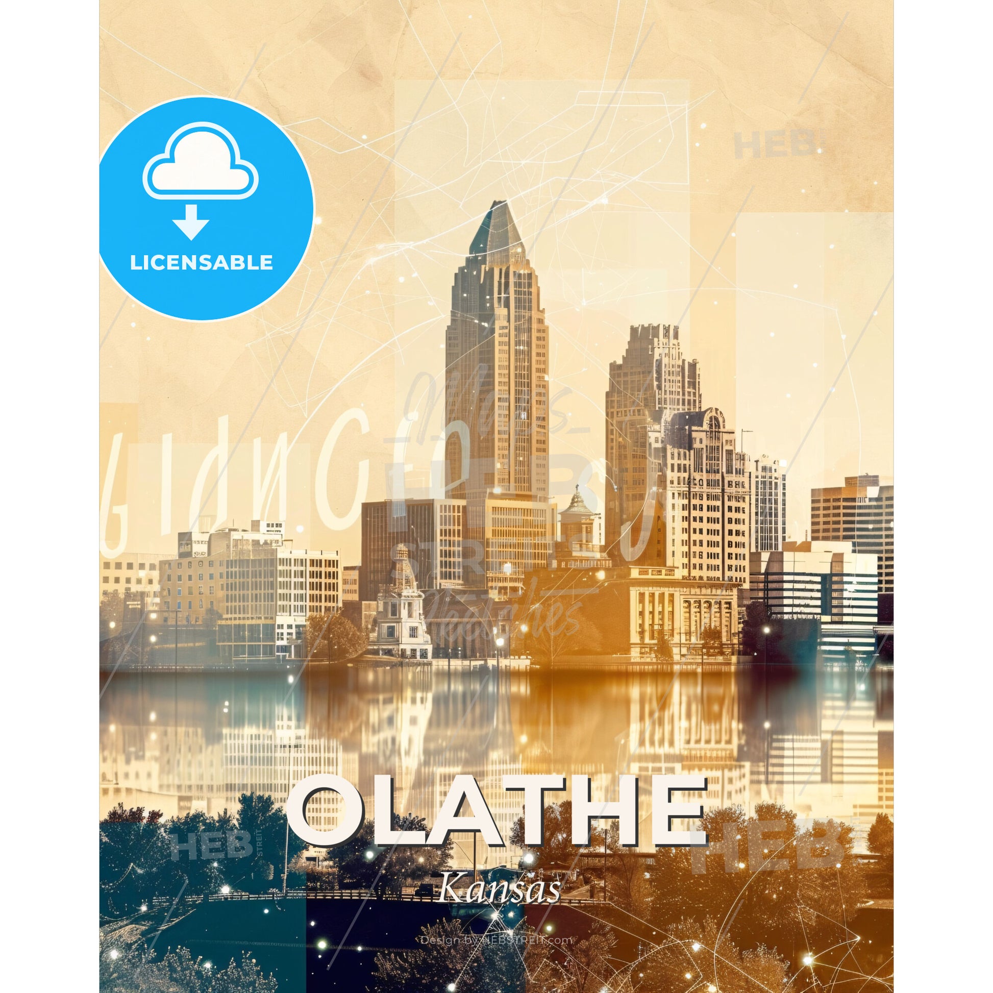 Olathe, Kansas: City Skyline Composite - A city skyline with a body of water - Square format print template