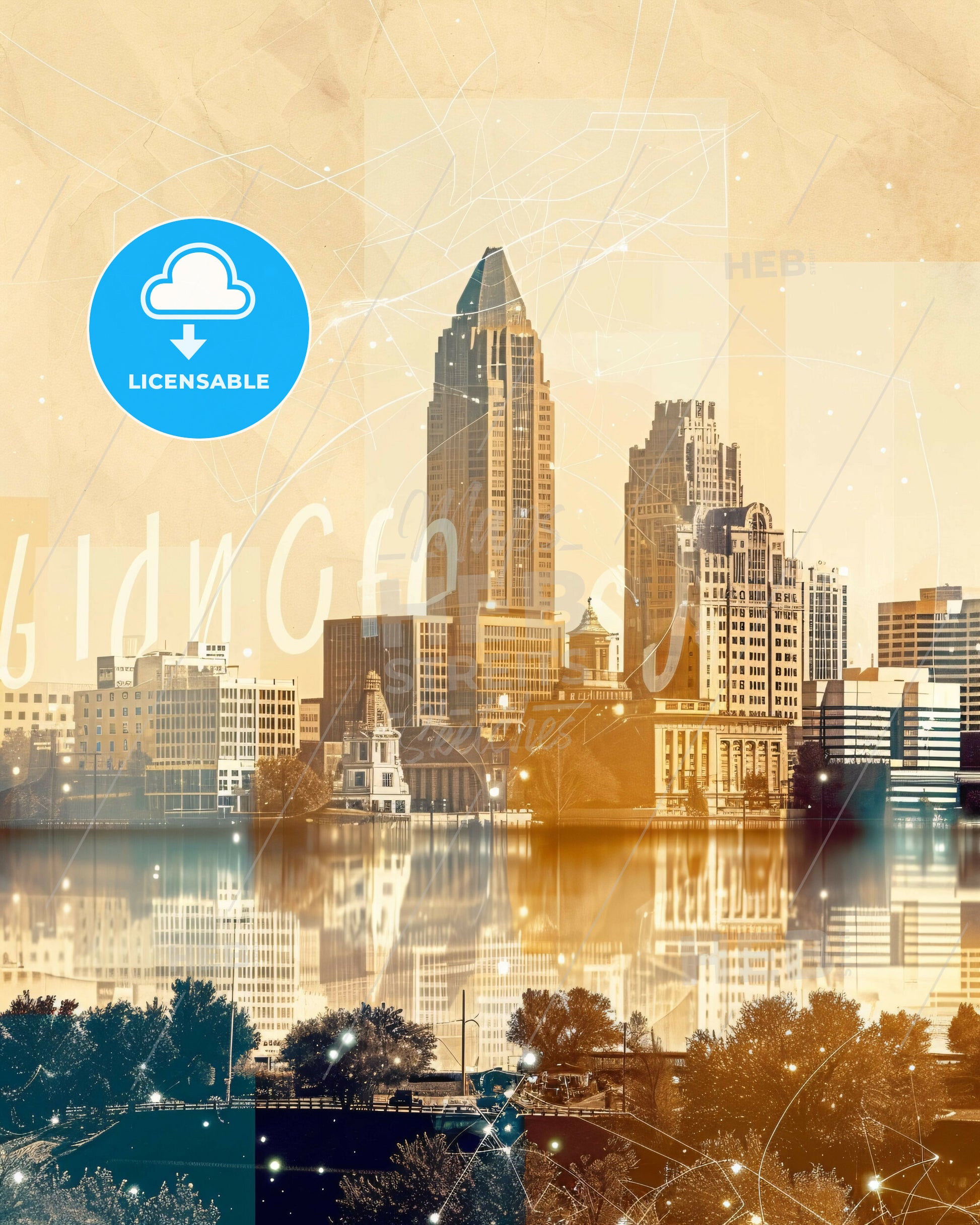 Olathe, Kansas: City Skyline Composite - A city skyline with a body of water