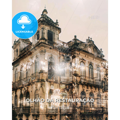 Olhao da Restauracao City Skyline Art Print Poster - A building with a clock tower - Square format print template
