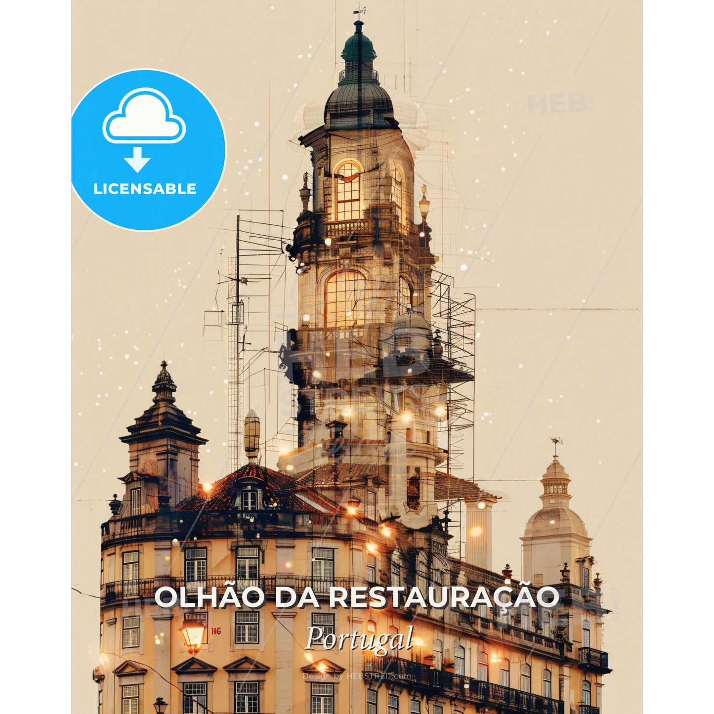 Olhao da Restauracao Cityscape Poster, Beige - A building with a tower - Square format print template