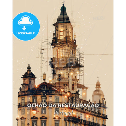 Olhao da Restauracao Cityscape Poster, Beige - A building with a tower - Square format print template