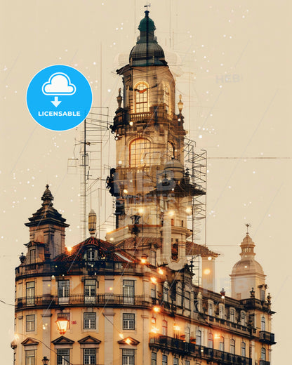 Olhao da Restauracao Cityscape Poster, Beige - A building with a tower