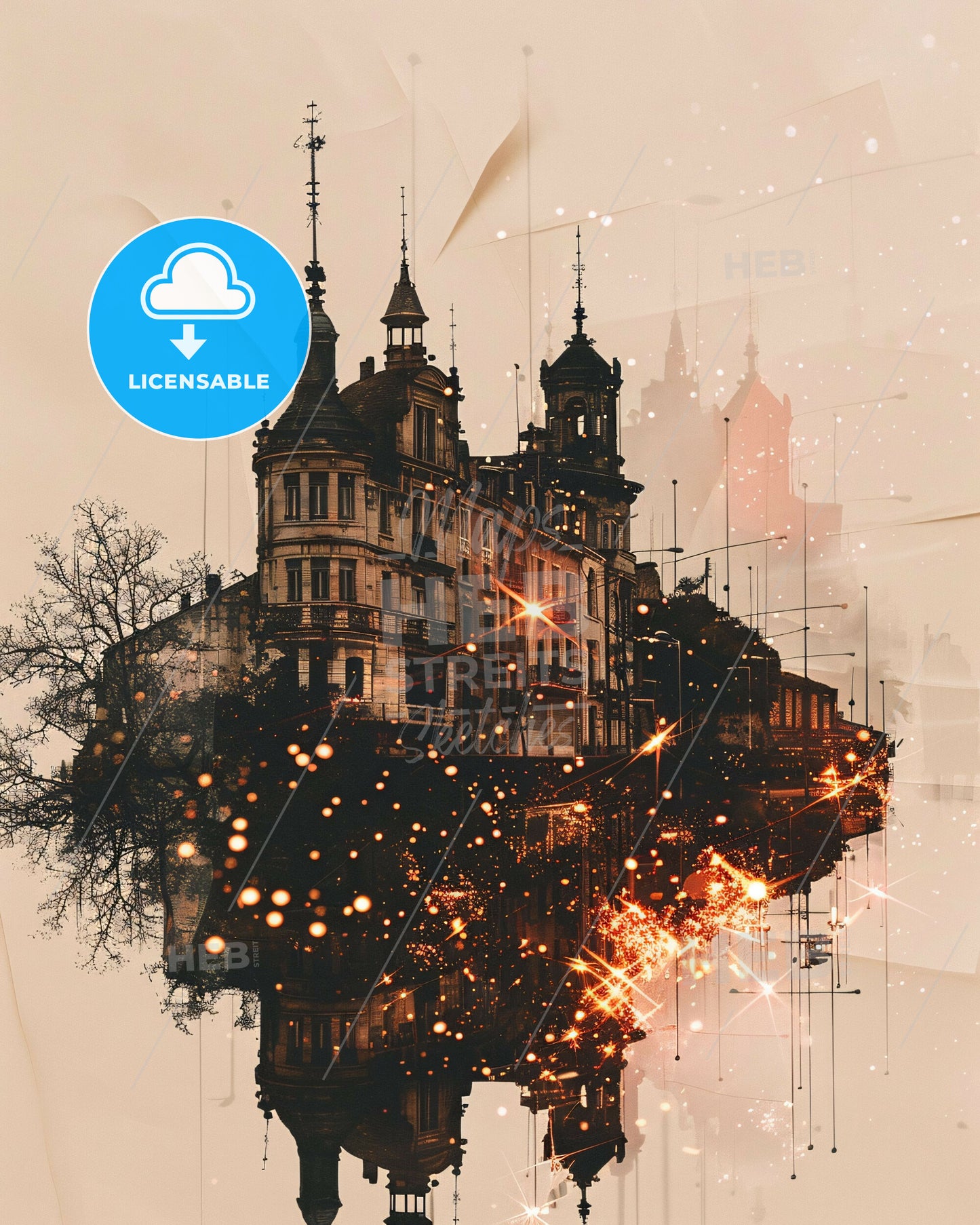 OlÃ©ron Skyline Double Exposure Art Poster - A building with a tree and lights