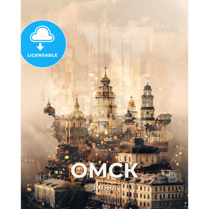 Omsk City Skyline Double Exposure Poster - A city with many buildings - Square format print template